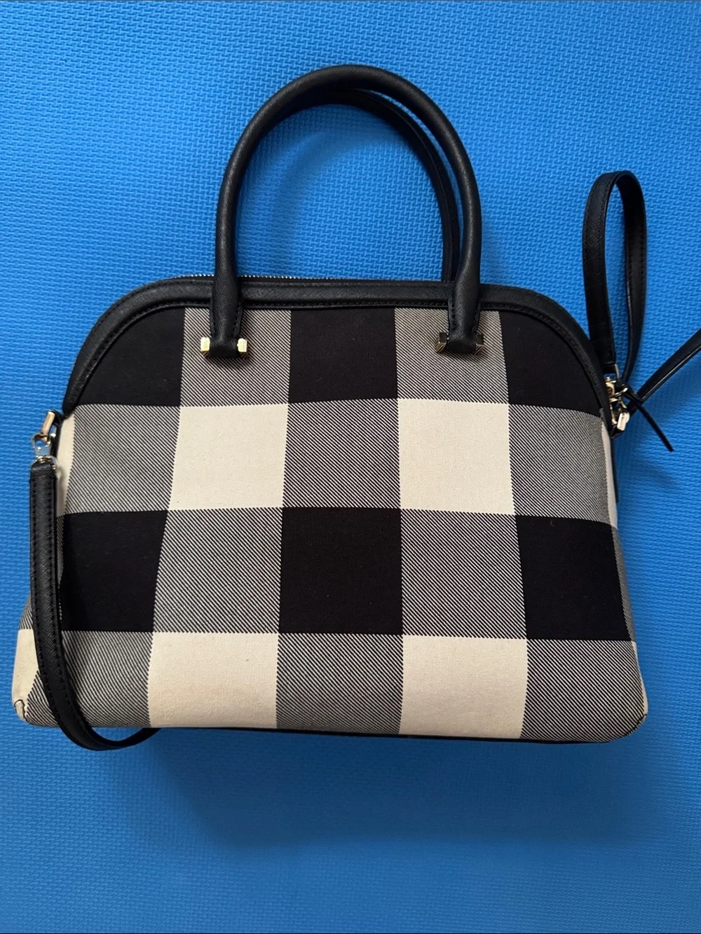kate spade Black and Cream Plaid Dome Satchel with Crossbody Strap